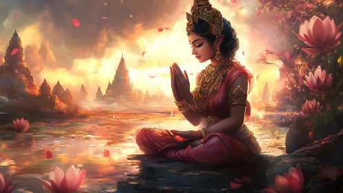 Serene goddess in lotus light by a golden riverside temple.