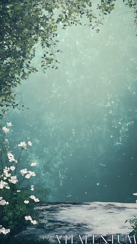 Leafy overhang and white flowers beside flat stone surface.