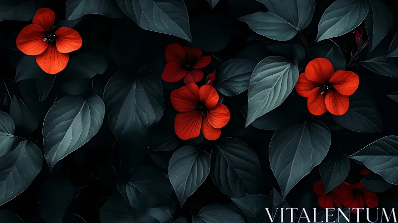 Red Flowers Against Dark Foliage.