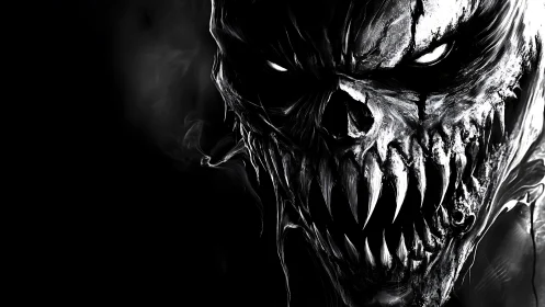 Nightmarish skeletal demon in stark monochrome contrast.