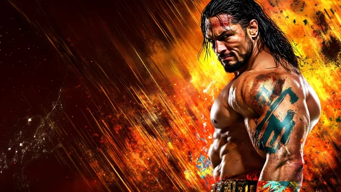 Muscular warrior in dynamic fiery abstract digital composition