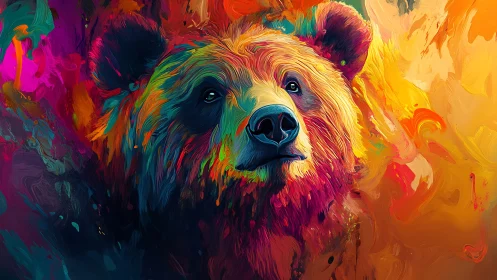 Vibrant abstract bear portrait in swirling neon color fields.