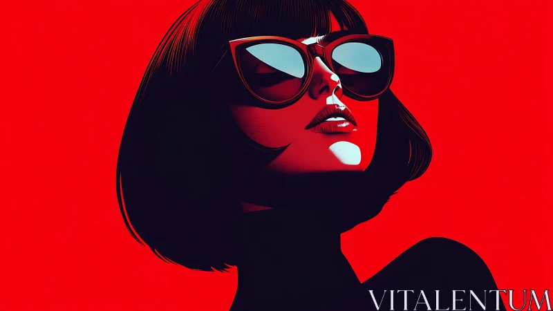 Female figure in sunglasses on red background illustration.