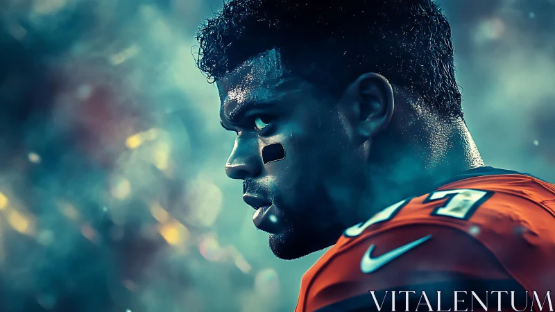 Intense sideline profile of gridiron player under stadium haze