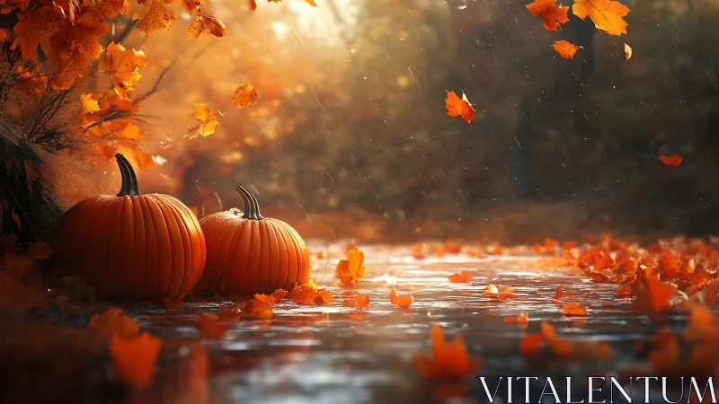 Pumpkins linger by a rainlit autumn creek in ember light.
