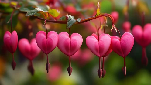 Bleeding Heart Flowers: Pink Heart-Shaped Blossoms on Vine.