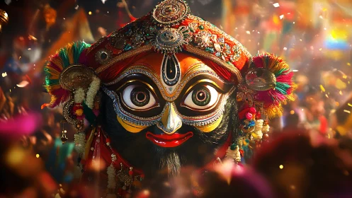 Vibrant Jagannath festival mask in cinematic bokeh lighting.