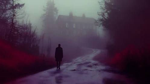 Solitary figure on wet forest road toward distant house.