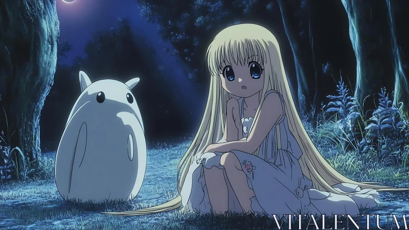 Girl with long hair sits beside creature under moonlit forest