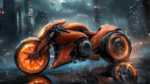 Futuristic orange motorcycle blazes across a neon city street
