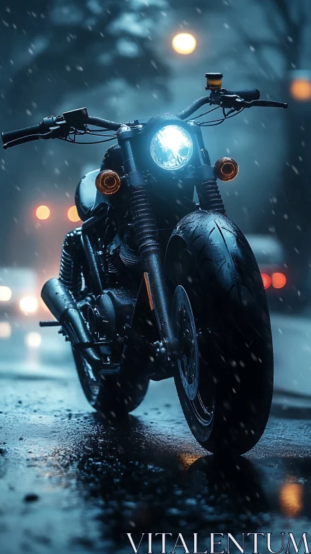 Motorcycle stands on wet night street under falling snow