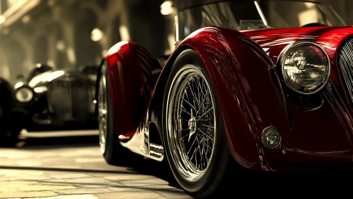 Low-angle close-up studies classic red roadster&rsquo;s chrome geometry