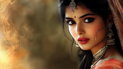 Elegant Indian bridal portrait glows in warm cinematic light
