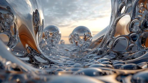 Liquid chrome spheres in flowing reflective sci-fi landscape.