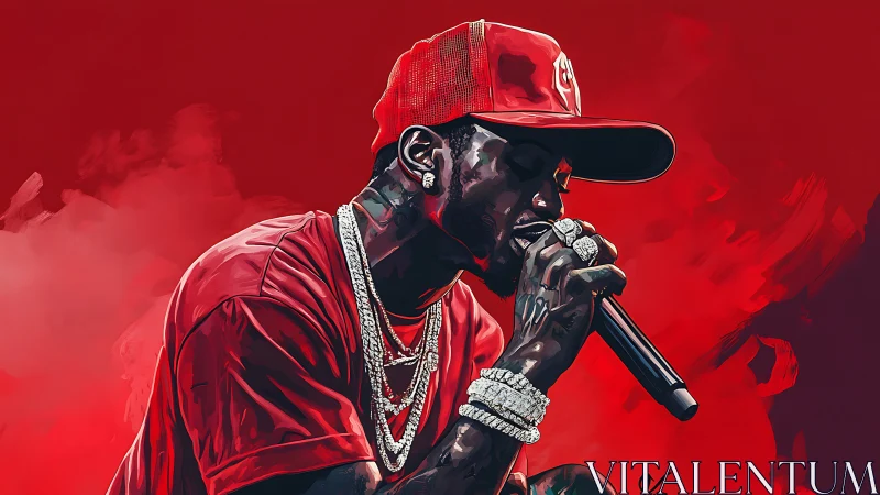 Digital portrait rapper in red with microphone and jewelry.