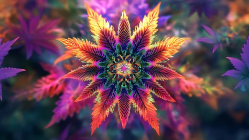 Prismatic leaf mandala blossoms like a neon forest star