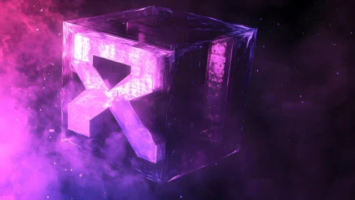 Neon purple 3D cube with X symbol in glowing sci-fi style.