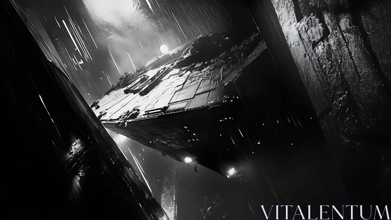 Monochrome starship between vertical rock walls in rain.