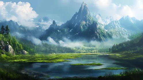 Mountain range with alpine lake and low-lying morning mist.