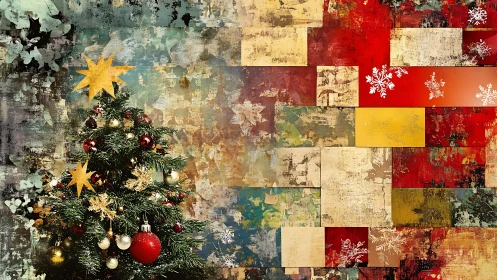 Festive Christmas tree before abstract patchwork wall.