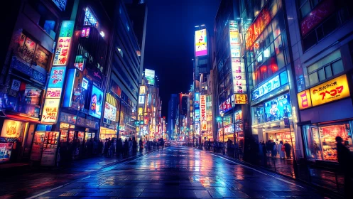 Neon drenched Tokyo street under glowing night rain.