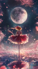 Backlit anime girl observes full moon over reflective water