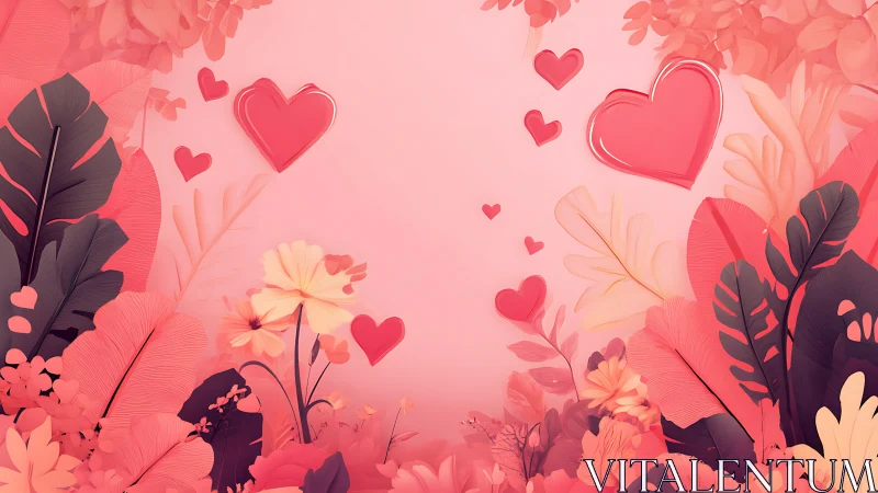 Digital illustration depicting floral and cardiac motifs arranged on pink background