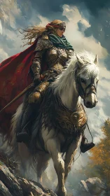 Digital painting of armored knight on white warhorse in ascent.
