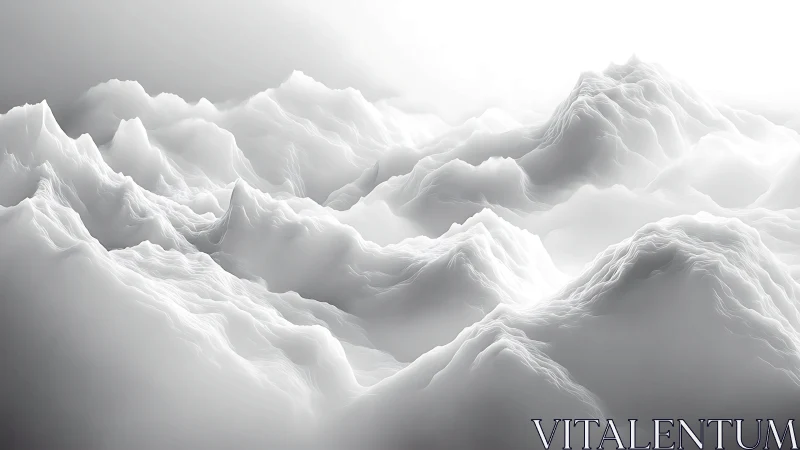 Ethereal monochrome mountains rise through layered digital mist