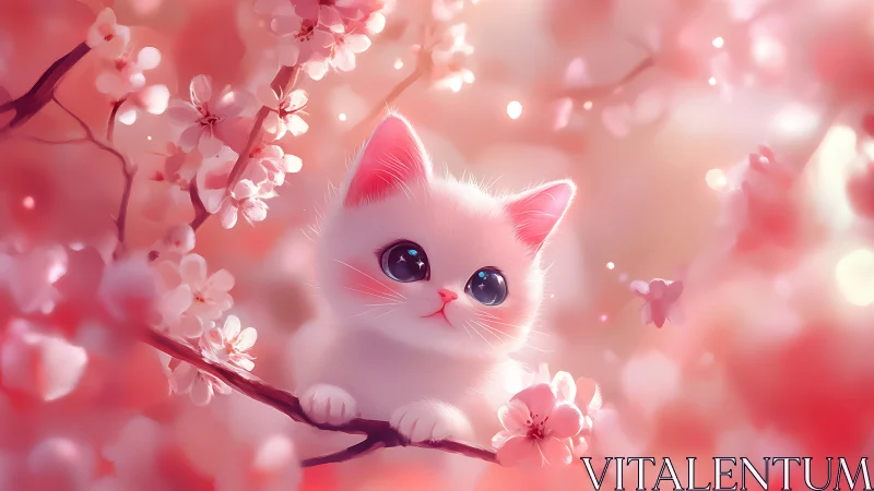 White feline seated among pink blossoms with neutral background.