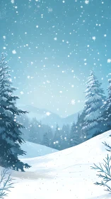 Gentle snowfall drifts over a peaceful winter forest valley