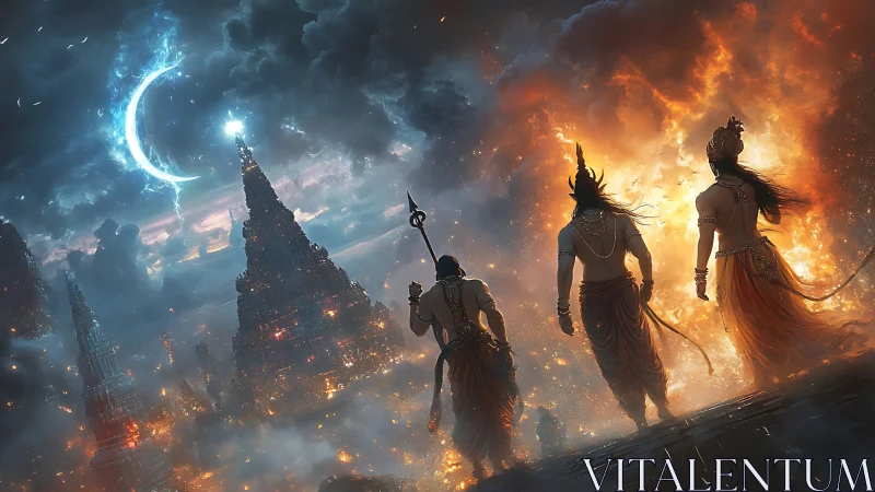 Mythic warriors survey burning citadel under crescent storm arc