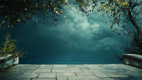 Stone terrace overlooks misty teal sea under louring sky.