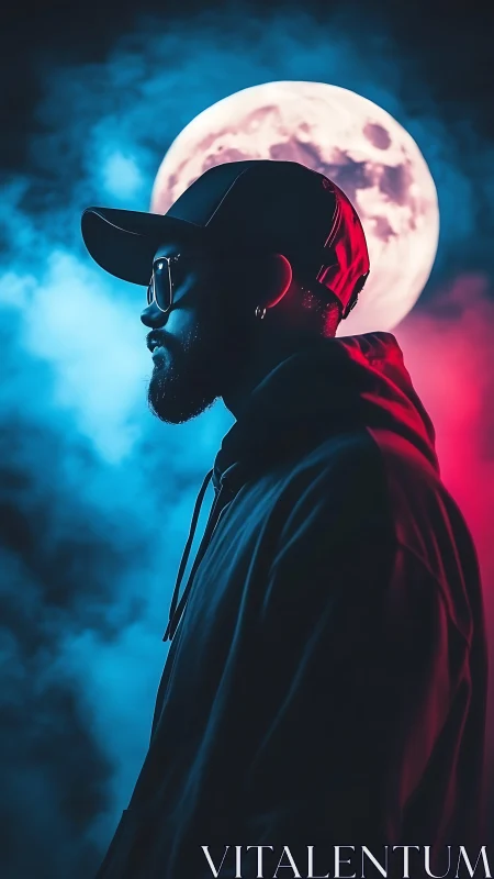 Side-lit hooded figure in neon rim light before oversized lunar disk