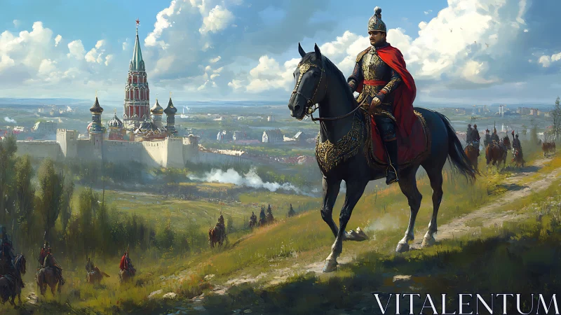Mounted commander in ornate armor oversees riders near citadel