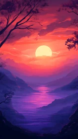 Crimson sunset over violet river in misted valley