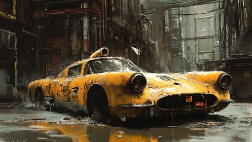 Rust-bitten turbo taxi lounges in a rain-slicked alleyway