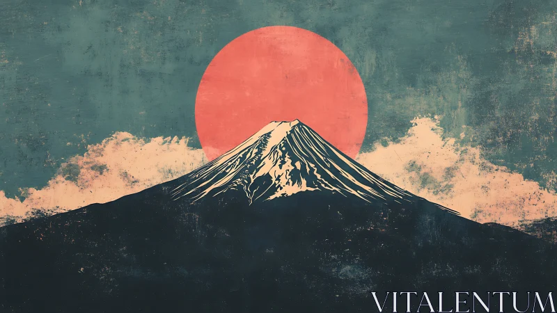 Mount Fuji silhouette under textured crimson sun disc.