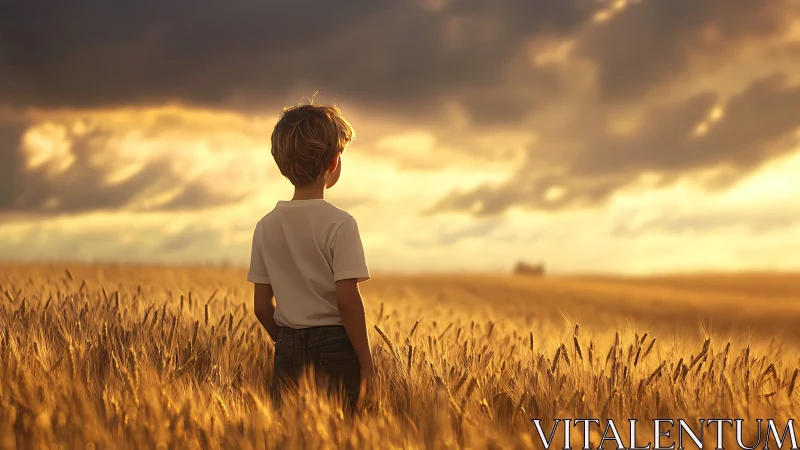 Backlit child observes storm-lit wheat field under dramatic sky