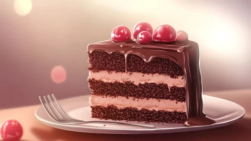 Decadent Chocolate Layer Cake with Cherry Garnish.