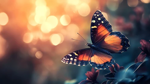 Orange butterfly on flowers with blurred golden lights.