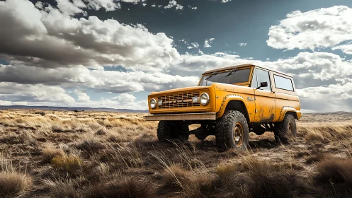 Yellow off road SUV parked on dry open grassland plains.