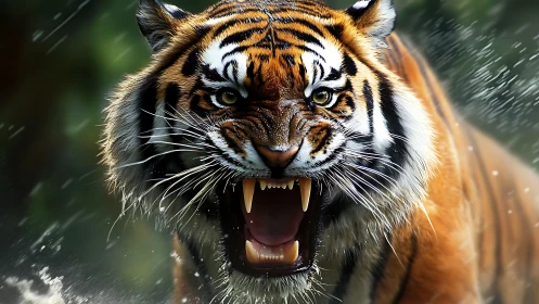 Snarling tiger charges through water in hyperreal detail.