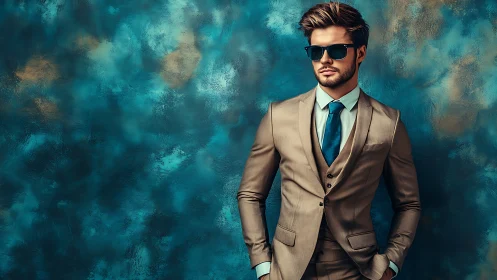 Man in tailored beige suit stands against teal studio backdrop
