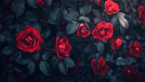 Crimson Rose Blooms Against Deep Foliage with Dramatic Chiaroscuro.
