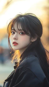 Portrait captures woman in golden backlit evening glow.