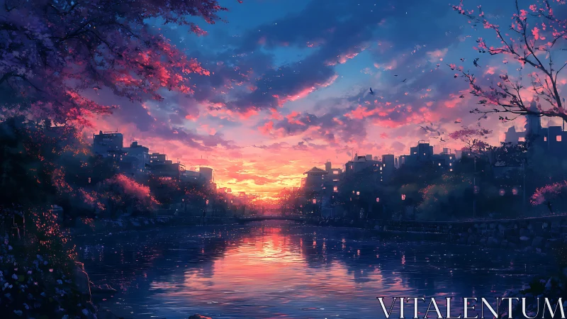 City river at dusk with cherry blossoms and lanterns aglow.