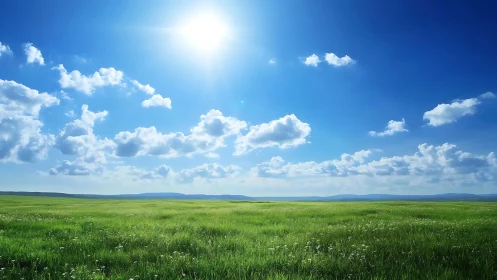 Sunlit grassland extends under scattered cumulus clouds