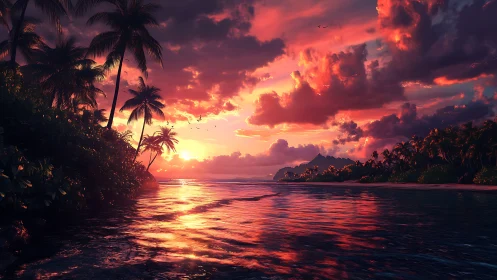 Tropical lagoon sunset with saturated magenta cloudscape.