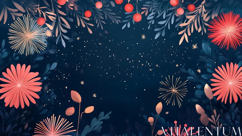 Midnight garden blooms glow with festive firework bursts.